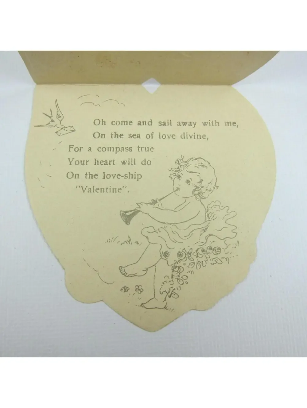 Vintage Valentine Card Die cut Boy Scooter Girl & Doll Window Red Gold UNSIGNED